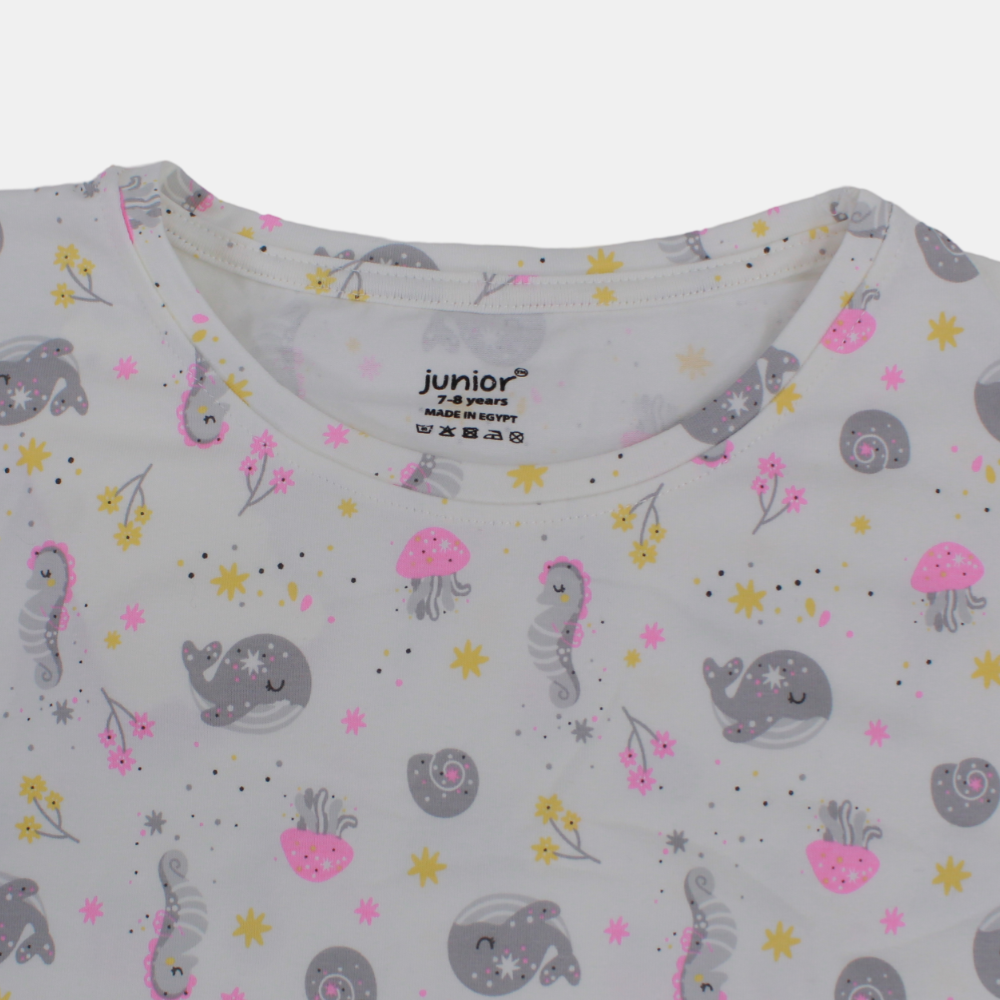 Girls Sleeveless Cotton Nightgown – Off-White (Under the Sea Theme)