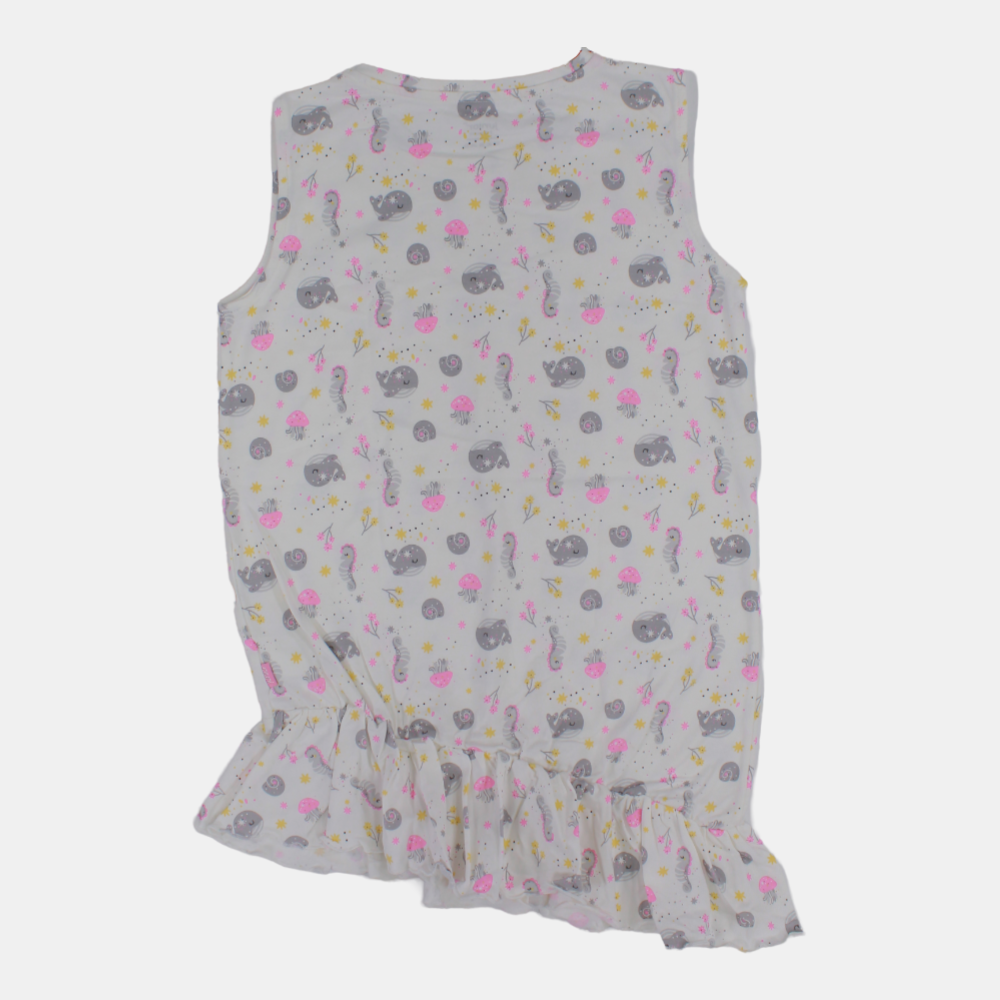 Girls Sleeveless Cotton Nightgown – Off-White (Under the Sea Theme)