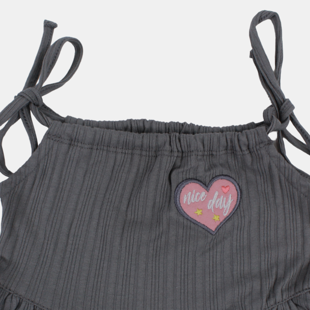 Girls Strappy Cotton Nightgown – Grey (Heart Theme)