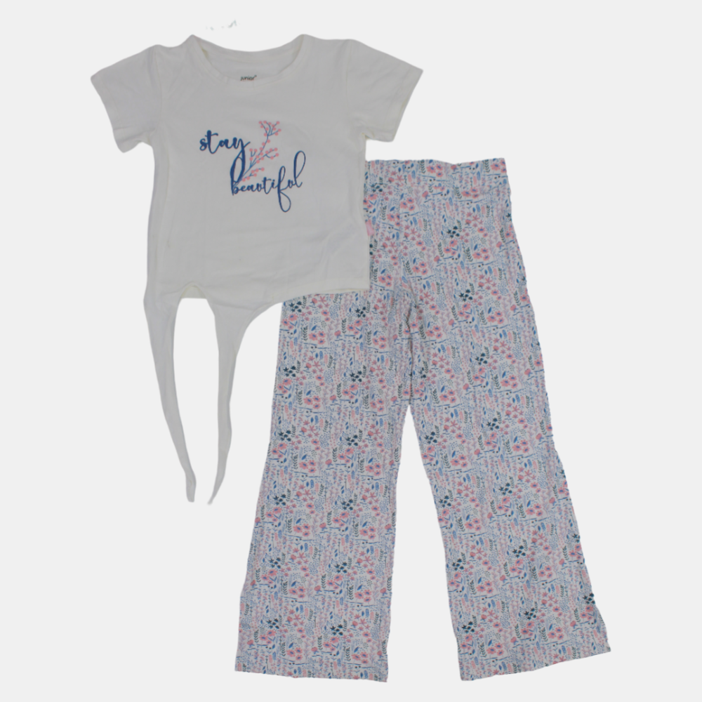 Girls Short-Sleeved Cotton Pajama Set – Off-White with Floral Design
