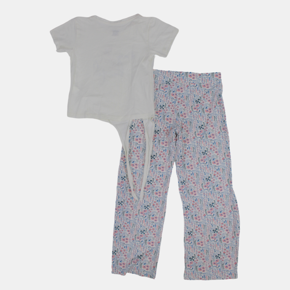 Girls Short-Sleeved Cotton Pajama Set – Off-White with Floral Design