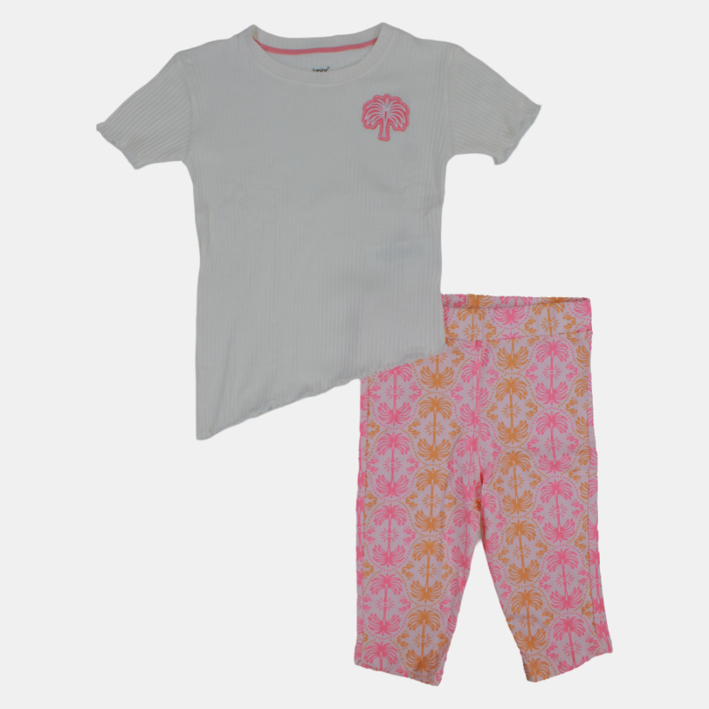 Girls Short-Sleeved Cotton Pajama Set – Off-White Tropical Design