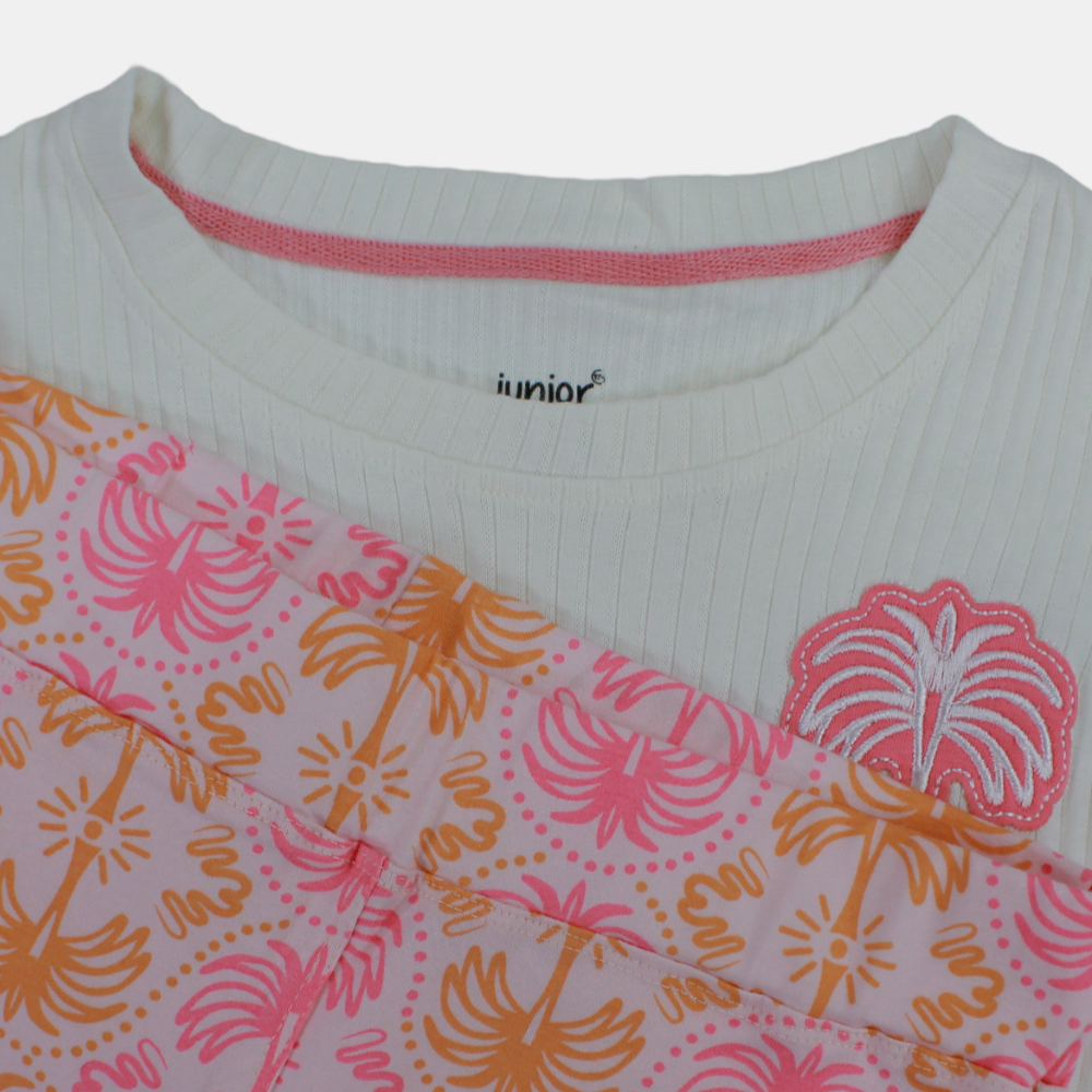 Girls Short-Sleeved Cotton Pajama Set – Off-White Tropical Design
