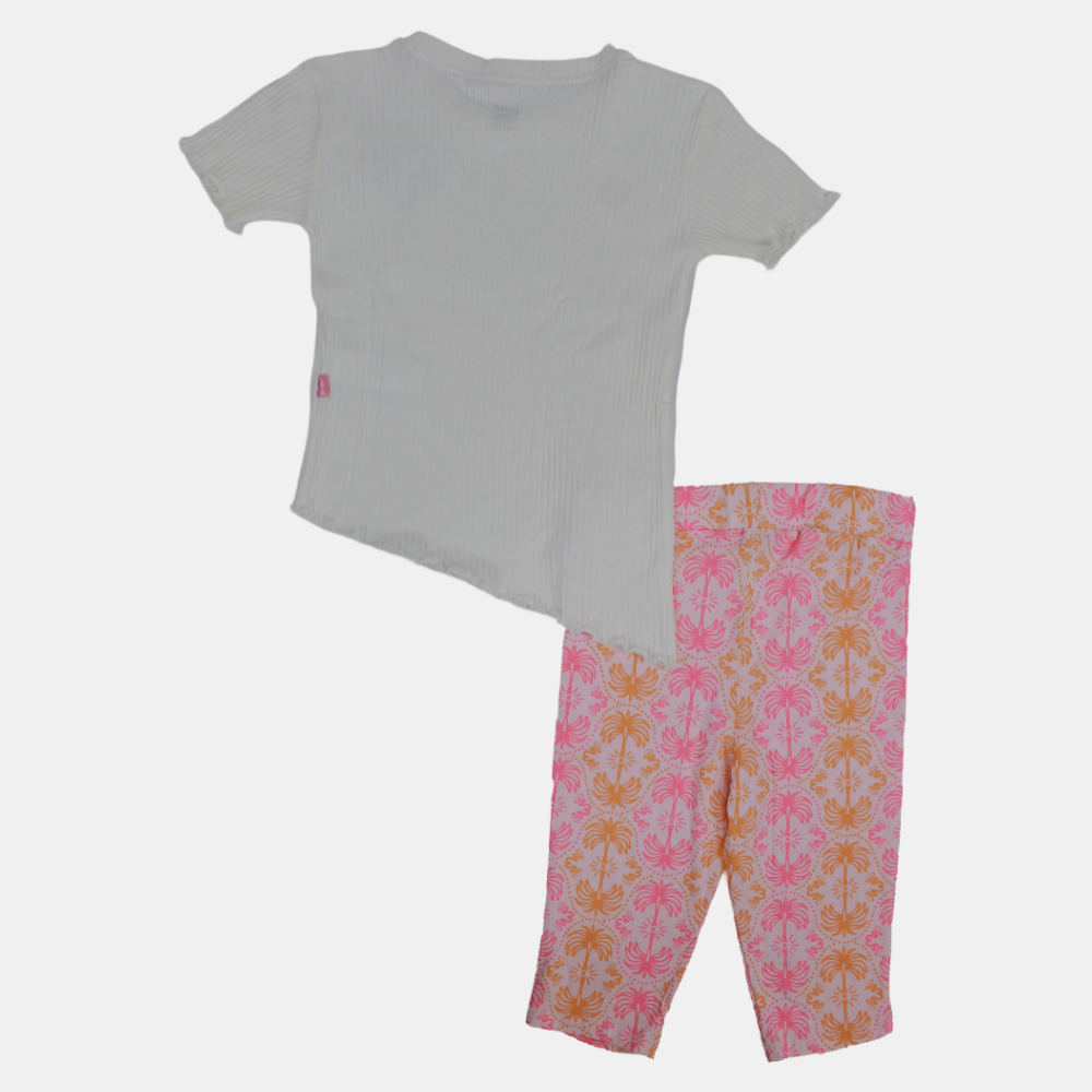 Girls Short-Sleeved Cotton Pajama Set – Off-White Tropical Design