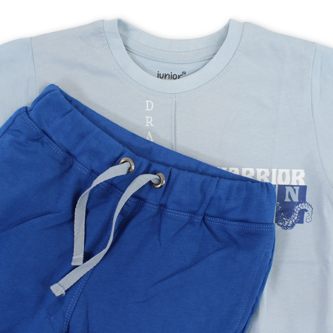 Baby Boys Cotton Pajama – Baby Blue with "Warrior Dragon" Print