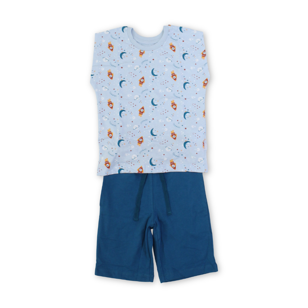 Boys Cotton Pajama – Baby Blue with Space Print - Clothing - Junior