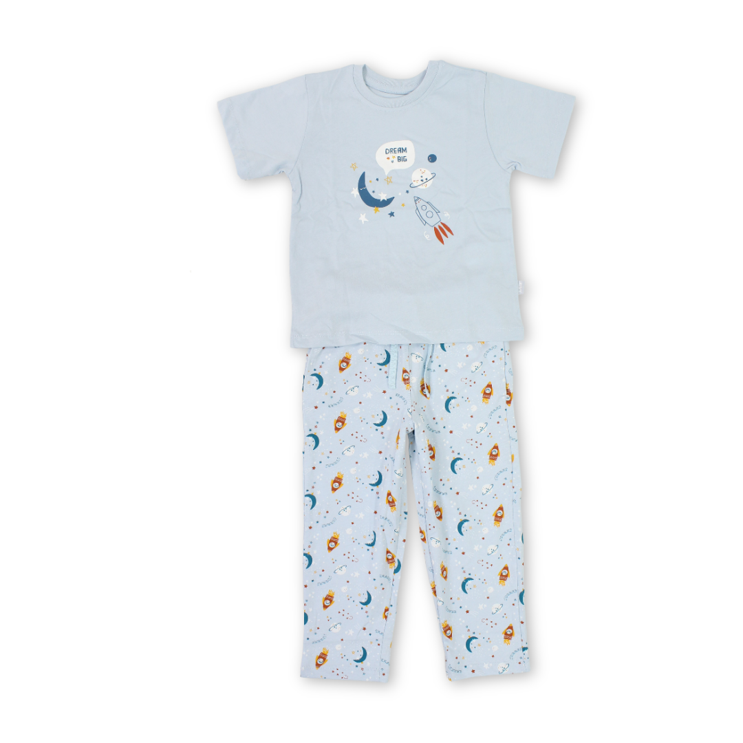 Baby Boys Cotton Pajama – Baby Blue with Space Print