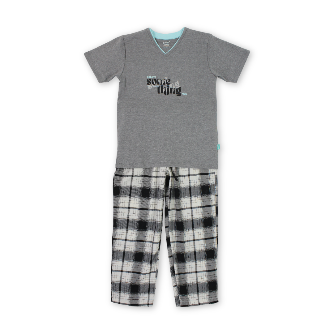 Boys Cotton Pajama – Grey with "Some Thing" Print - Clothing - Junior