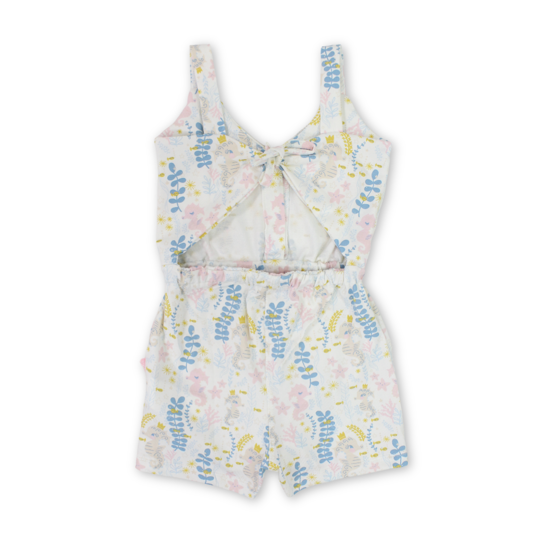 Girls Cotton Sleeveless Jump Suit – Off-White with Coral Reef Print