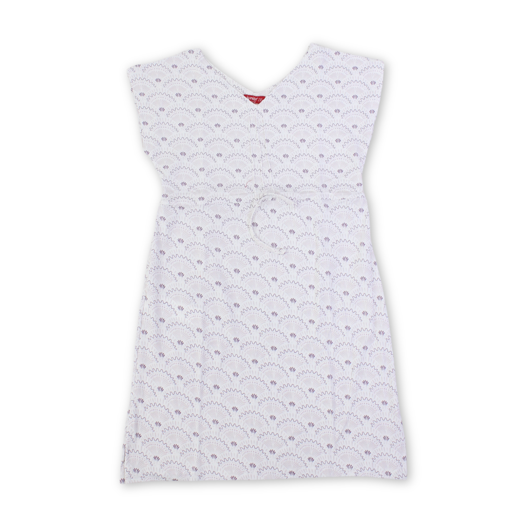 Girls Cotton Sleeveless Dress – Off-White with Fans Print