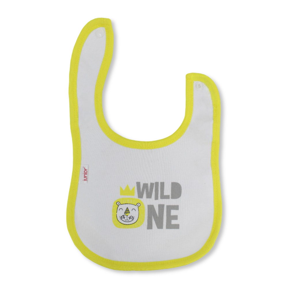 Cotton Baby Bib – Yellow & White with Wild One Print
