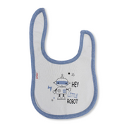 Cotton Baby Bib – Baby Blue & White with Hey Little Robot Print