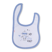 Cotton Baby Bib – Baby Blue & White with Hey Little Robot Print