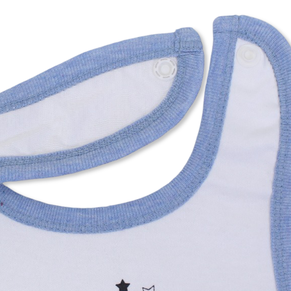 Cotton Baby Bib – Baby Blue & White with Hey Little Robot Print