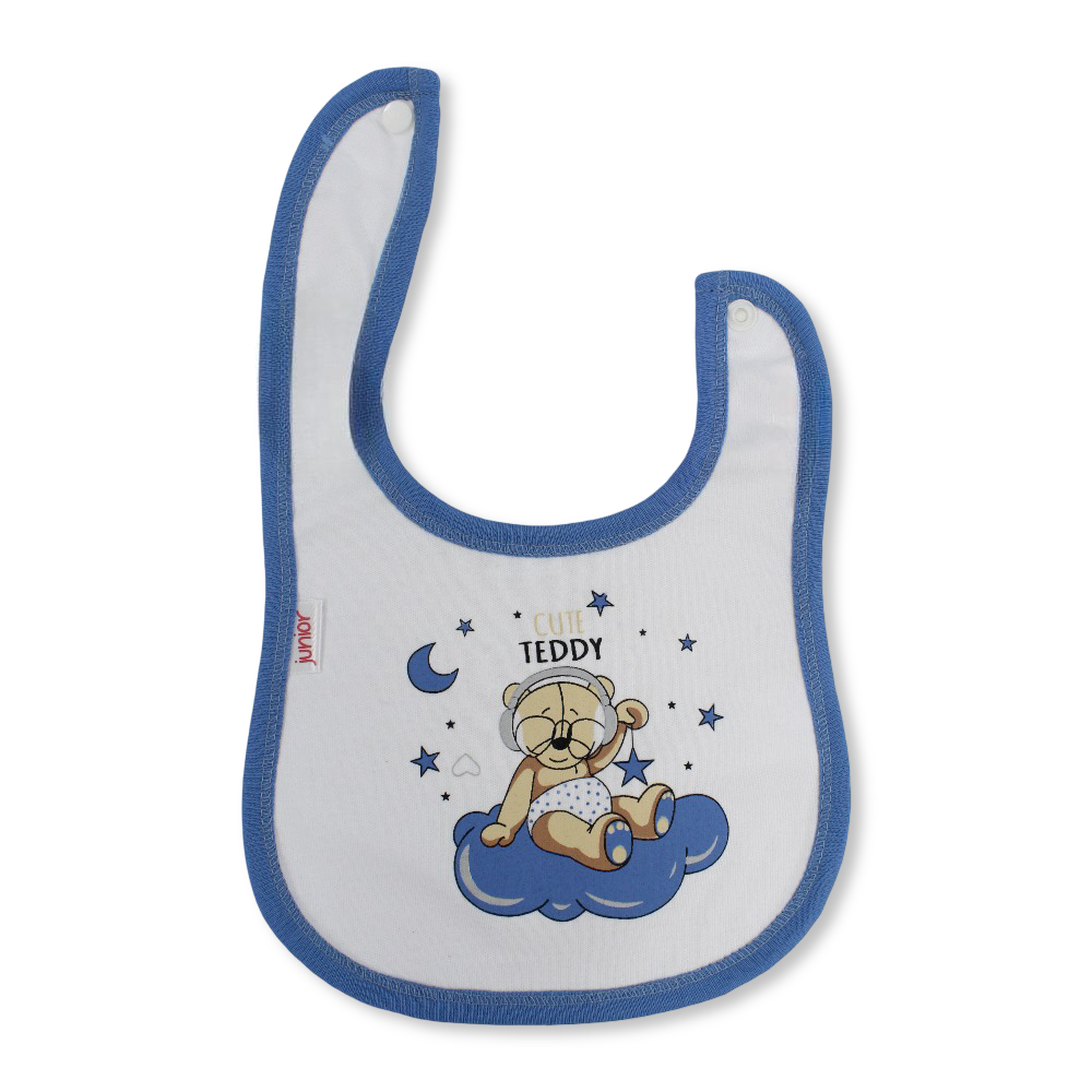 Cotton Baby Bib – Indigo & White with Cute Teddy Print