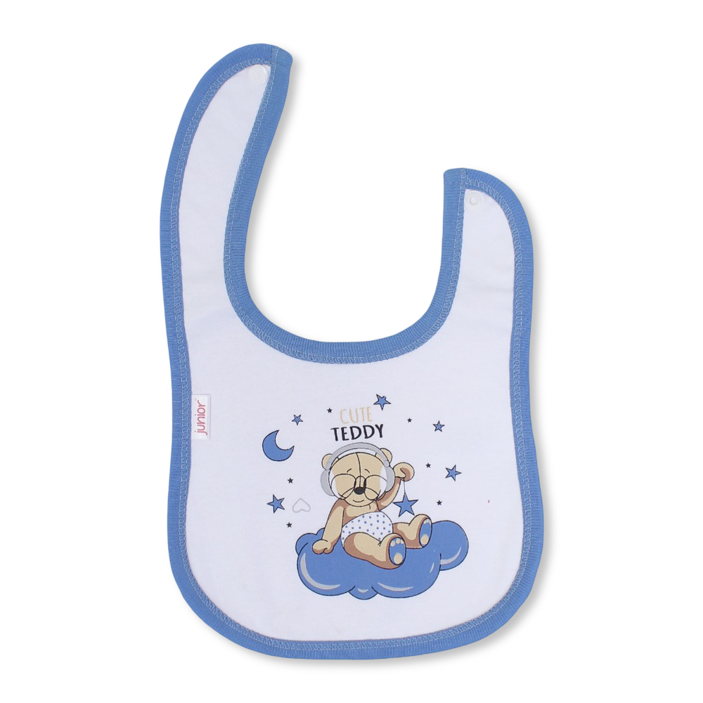 Cotton Baby Bib – Indigo & White with Cute Teddy Print