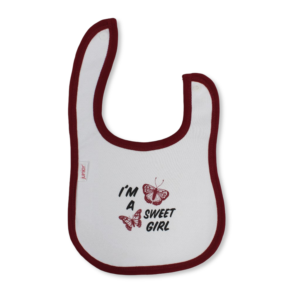 Cotton Baby Bib – Burgundy & White with I’m a Sweet Girl Print