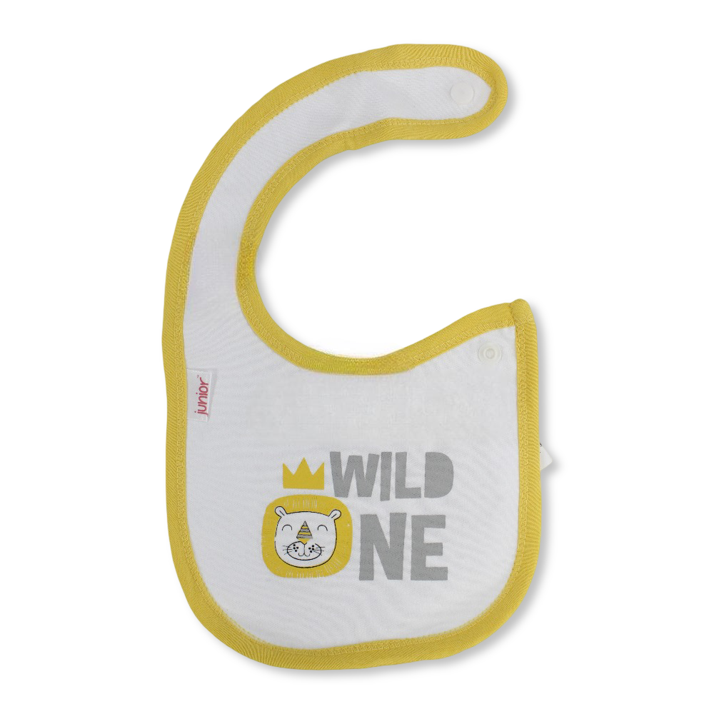 Cotton Baby Bib – Yellow & White with Wild One Print