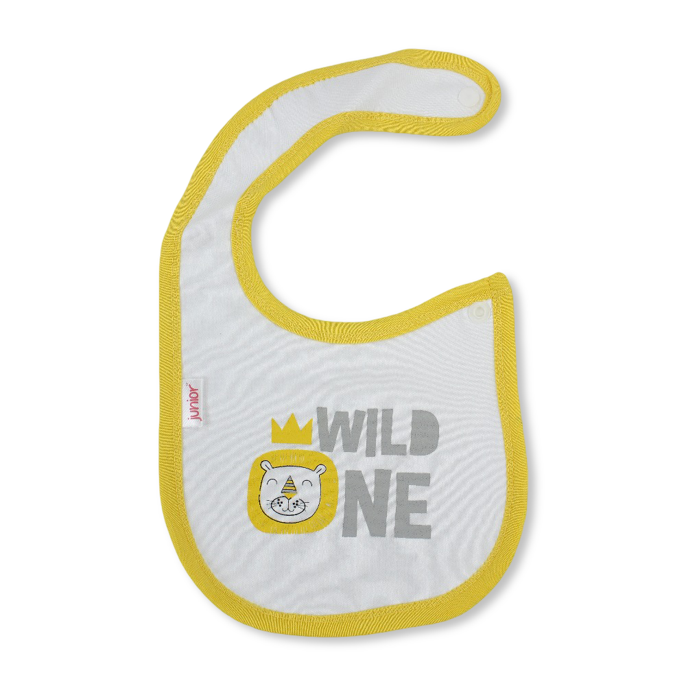Cotton Baby Bib – Yellow & White with Wild One Print