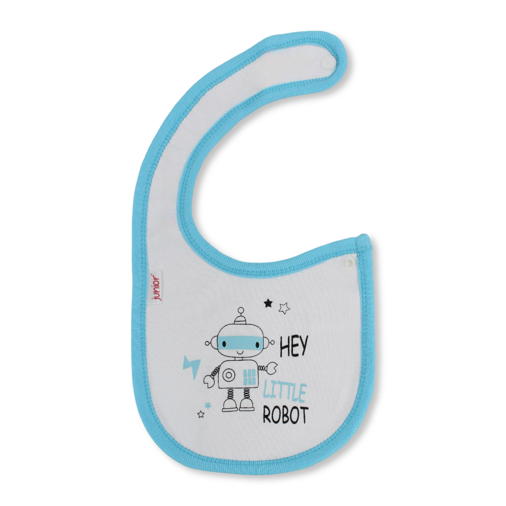 Cotton Baby Bib – Turquoise & White with Hey Little Robot Print