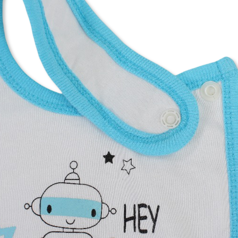 Cotton Baby Bib – Turquoise & White with Hey Little Robot Print