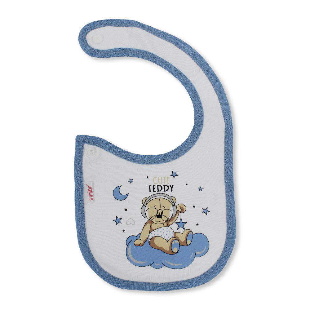 Cotton Baby Bib – Indigo & White with Cute Teddy Print