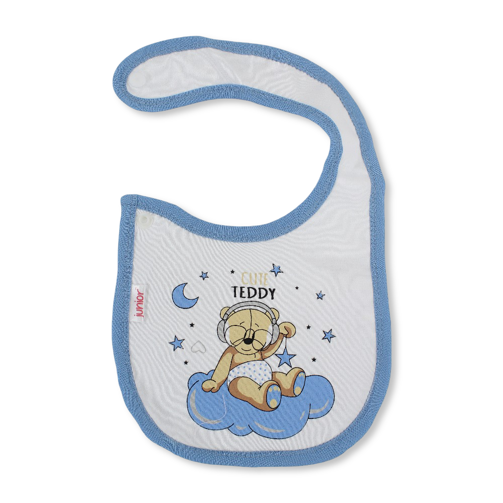 Cotton Baby Bib – Indigo & White with Cute Teddy Print