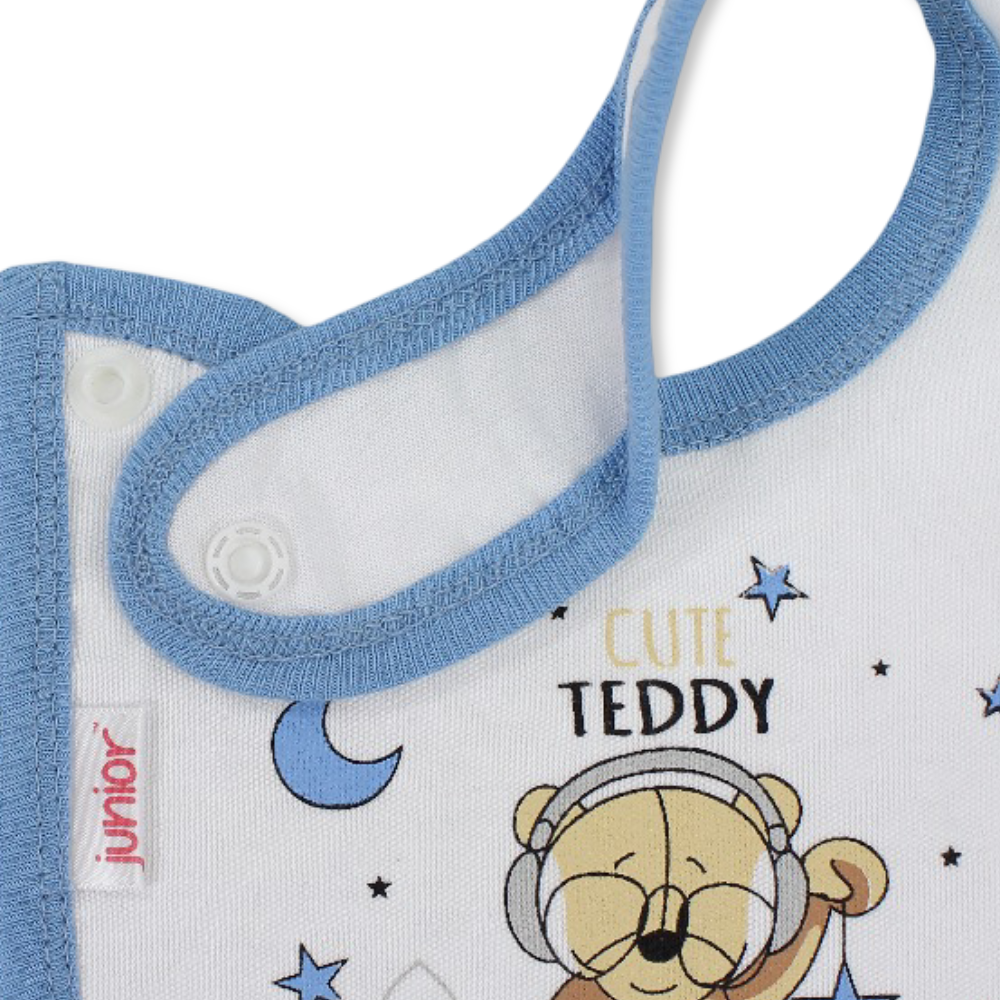 Cotton Baby Bib – Indigo & White with Cute Teddy Print