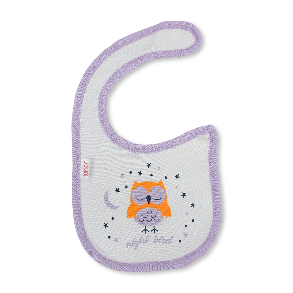 Cotton Baby Bib – Purple & White with Night Owl Print