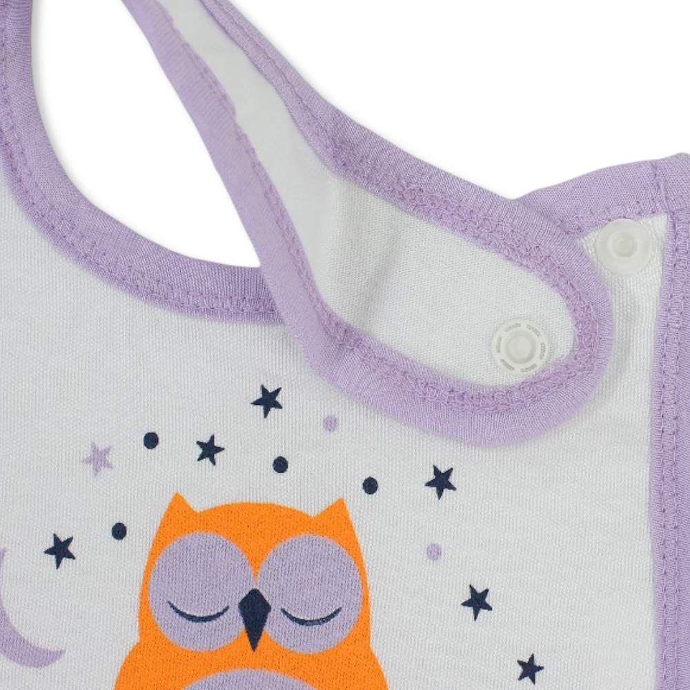 Cotton Baby Bib – Purple & White with Night Owl Print