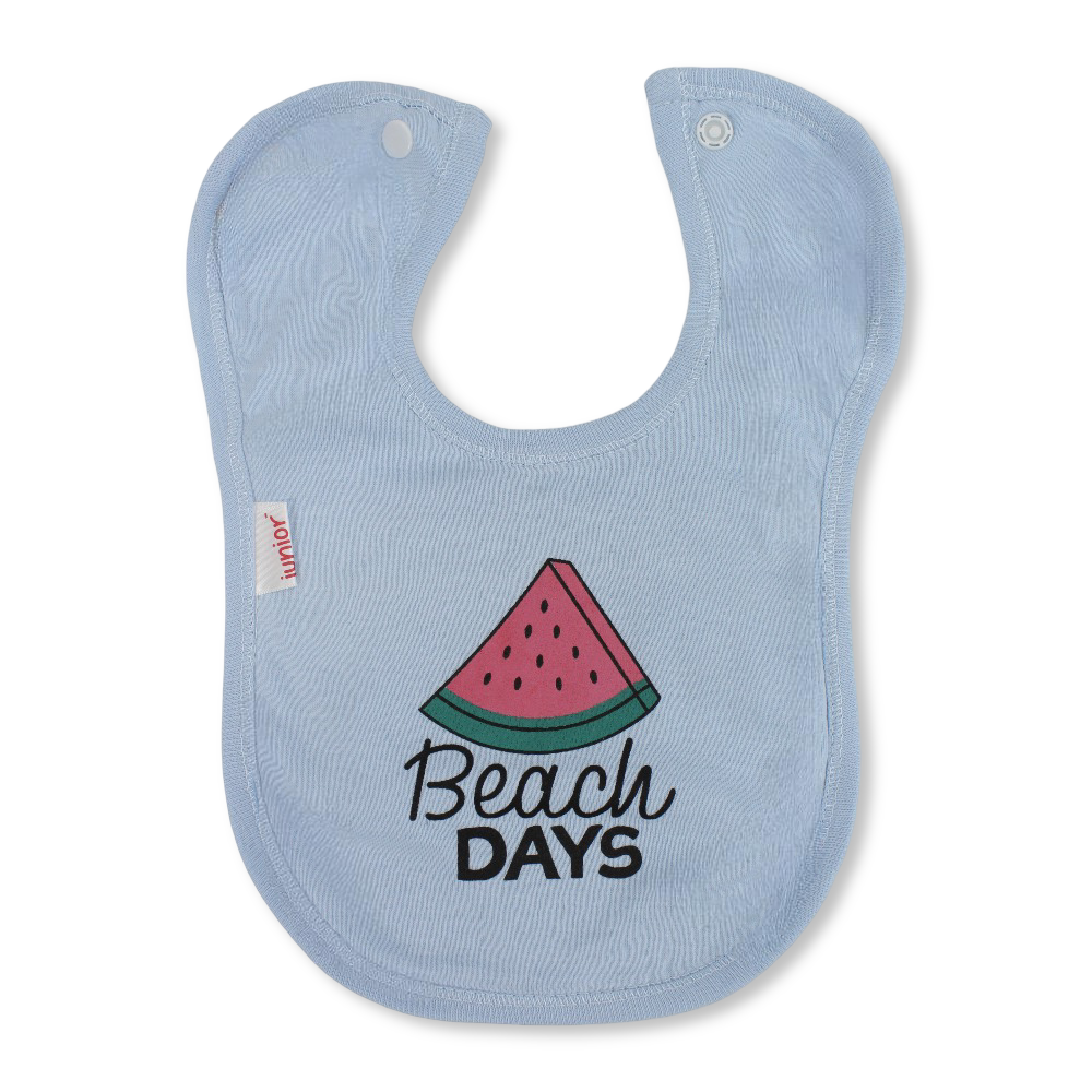 Cotton Baby Bib – Baby Blue with Beach Days Print