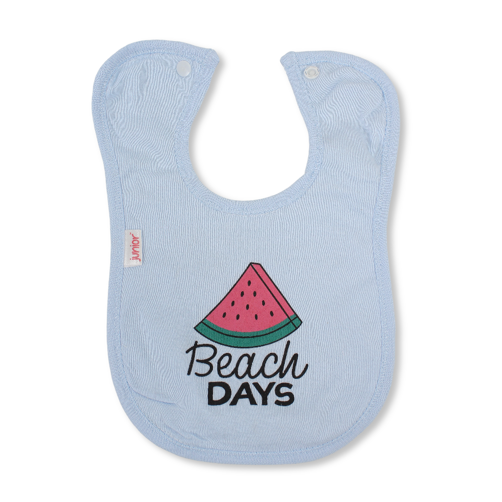 Cotton Baby Bib – Baby Blue with Beach Days Print