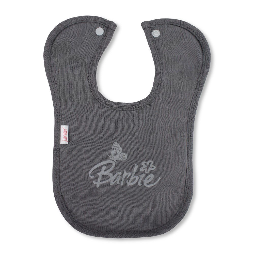 Cotton Baby Bib – Grey with Barbie Print