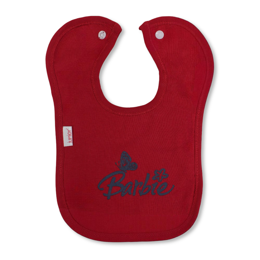 Cotton Baby Bib – Red with Barbie Print