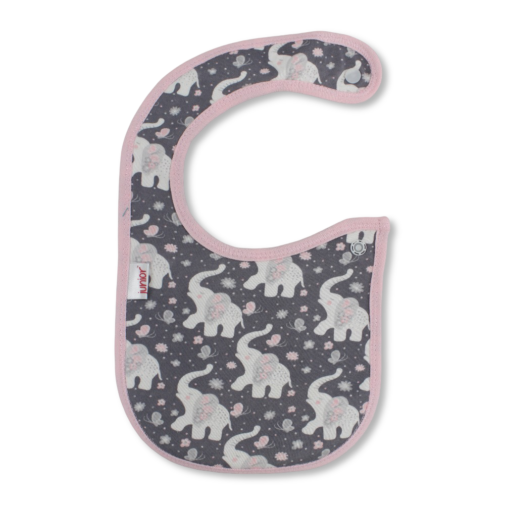 Cotton Baby Bib – Pink & Grey with Elephants Print