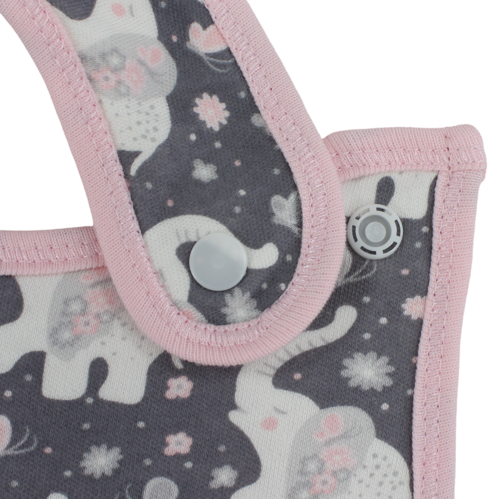 Cotton Baby Bib – Pink & Grey with Elephants Print