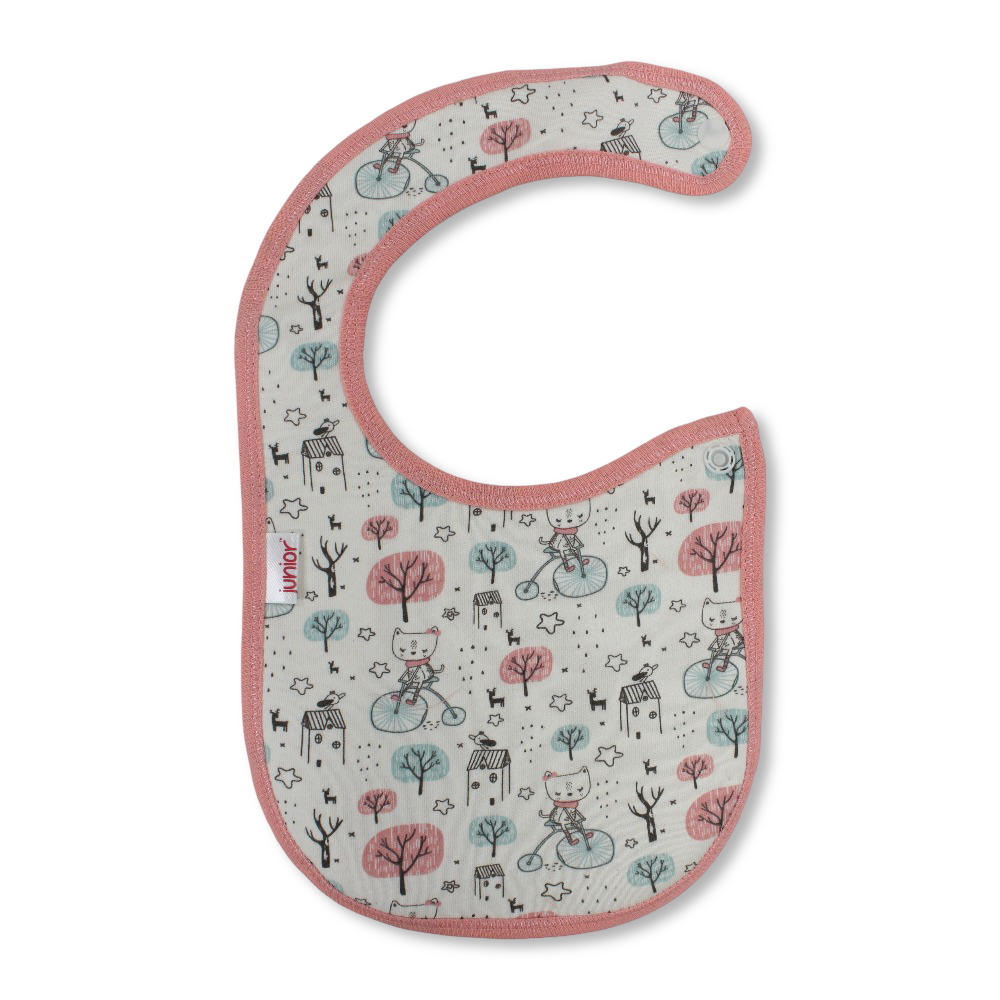 Cotton Baby Bib – Salmon & Beige with Bicycle Trees Print