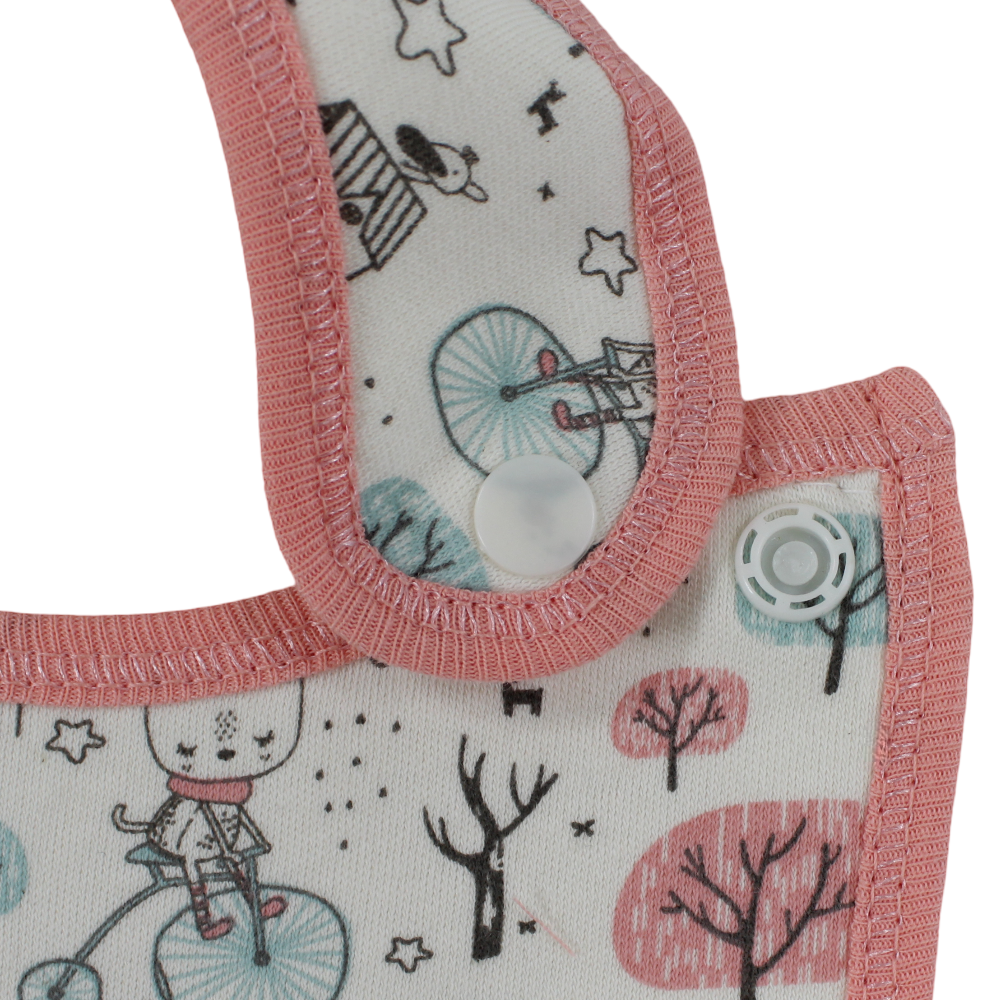 Cotton Baby Bib – Salmon & Beige with Bicycle Trees Print