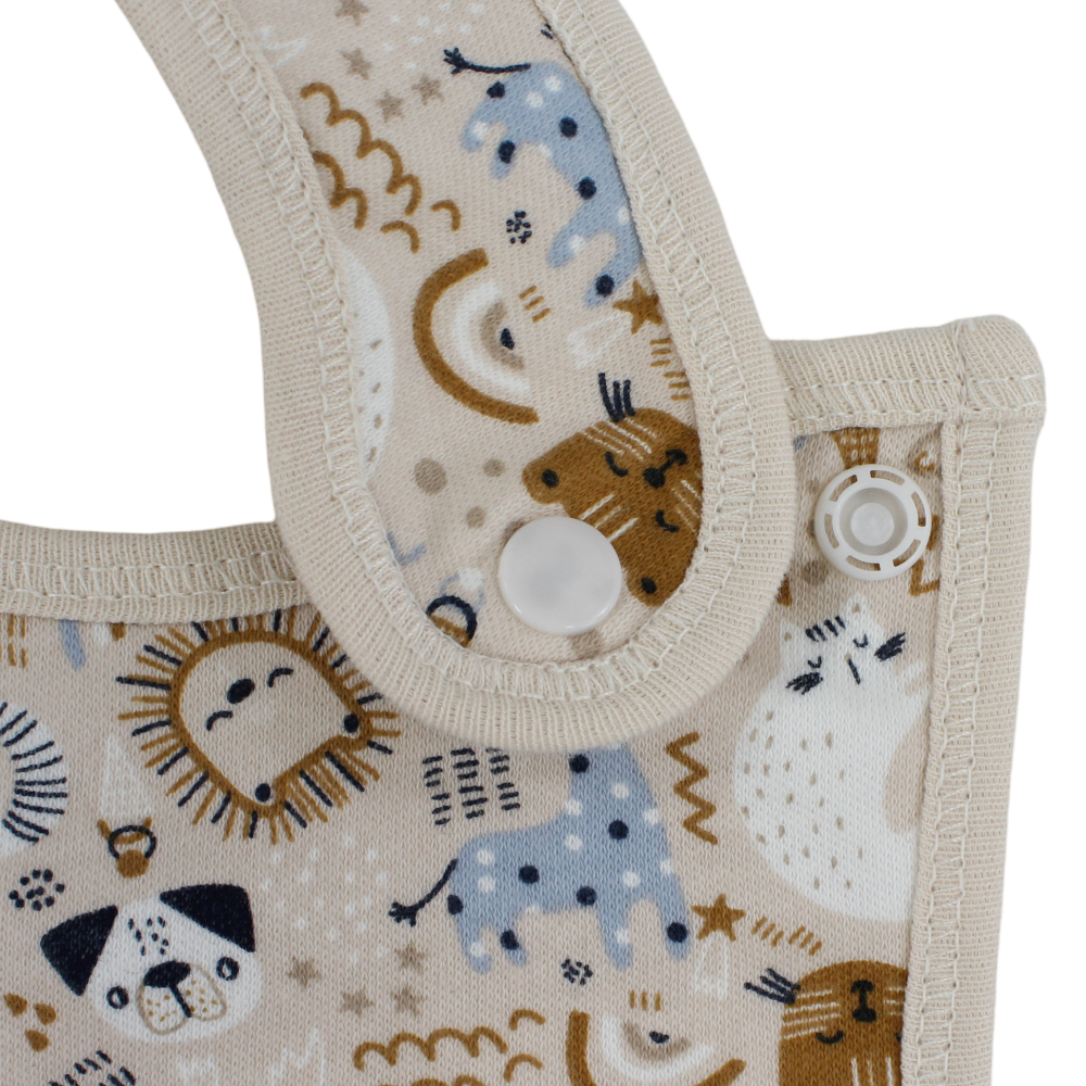 Cotton Baby Bib – Beige with Animal Print Design