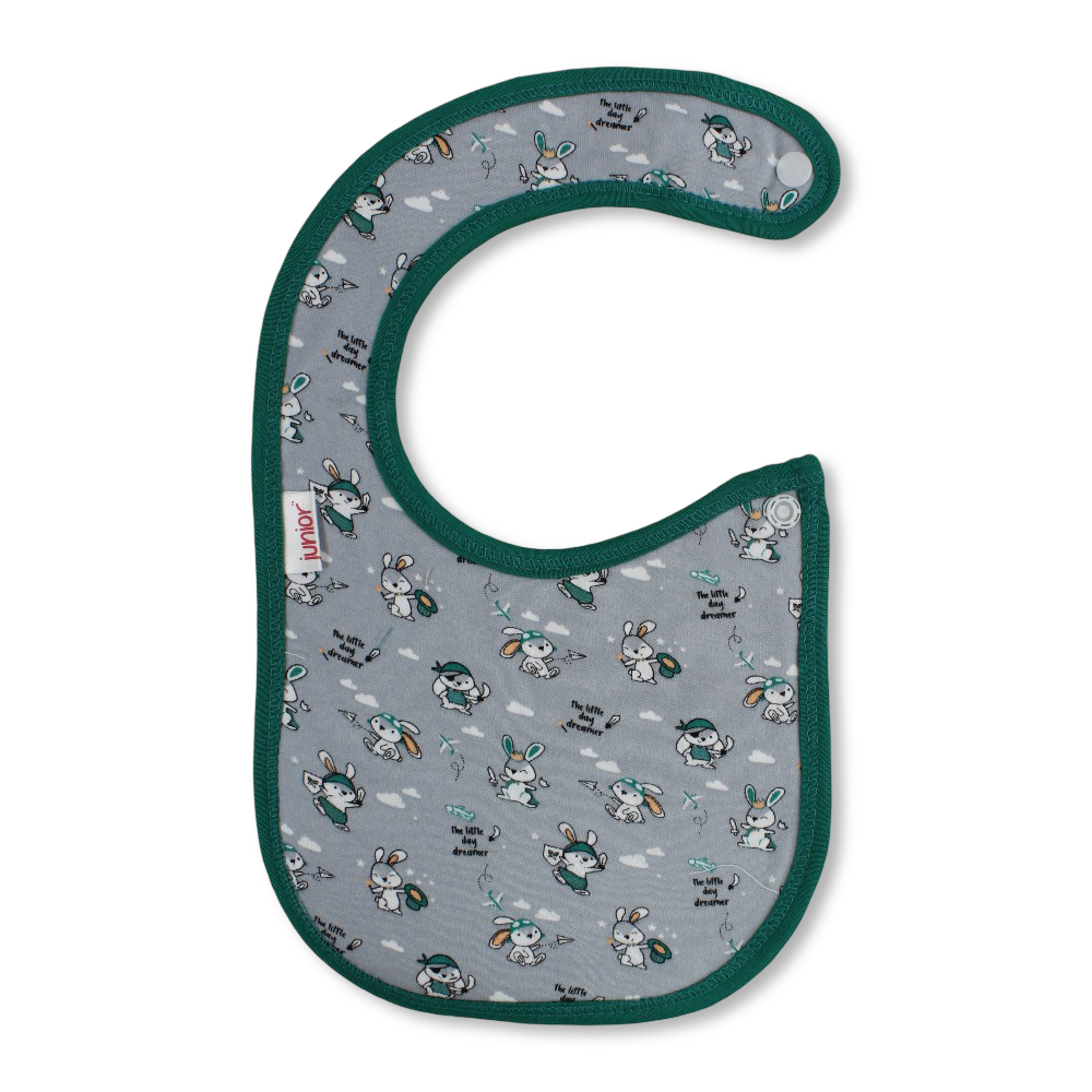 Cotton Baby Bib – Green & Grey with Bunny Print