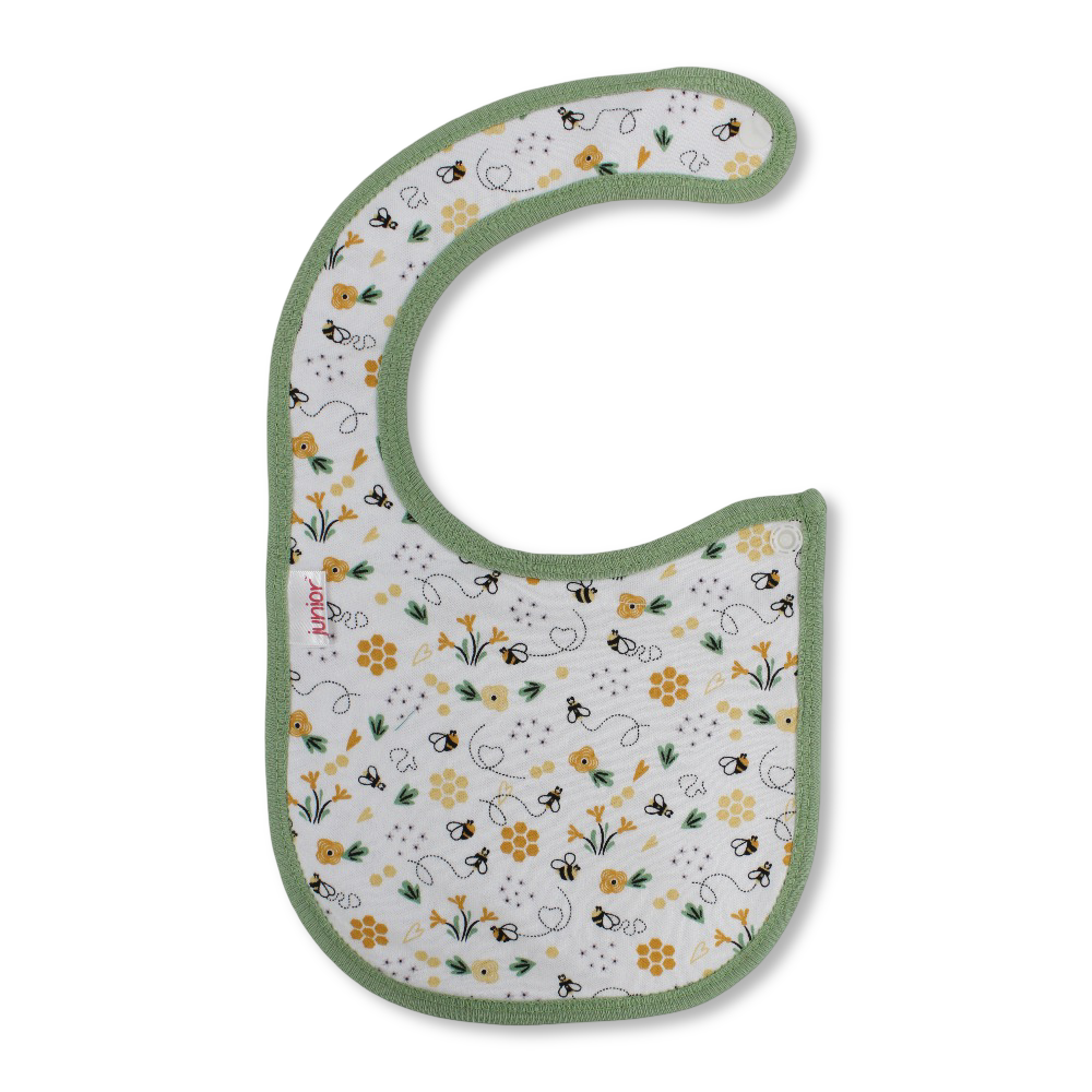 Cotton Baby Bib – Green & Off-White with Flowers and Bees Print