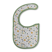 Cotton Baby Bib – Green & Off-White with Flowers and Bees Print