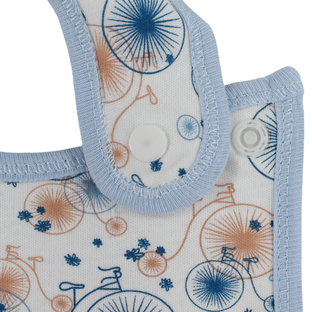 Cotton Baby Bib – Baby Blue & Off-White with Bicycle Print