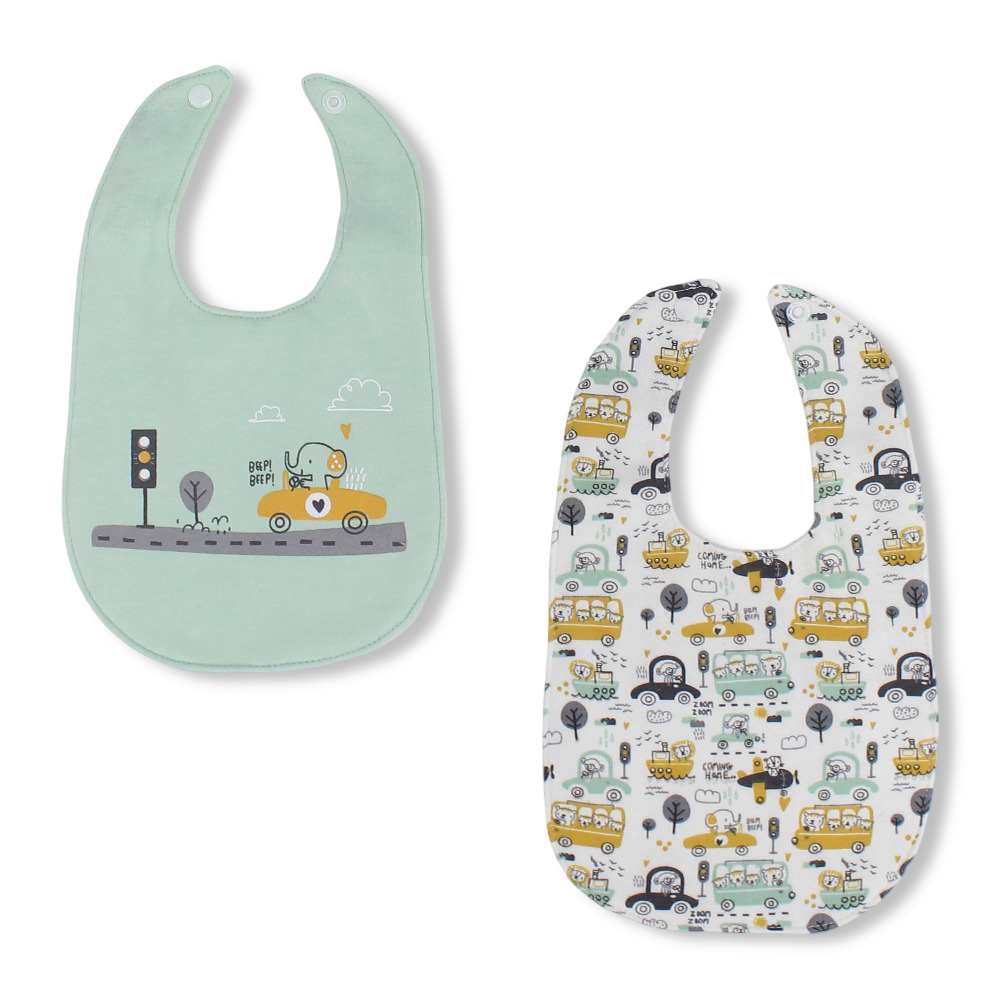 Cotton Baby Bibs – Mint & Off-White with Vehicles Design (Pack of 2)