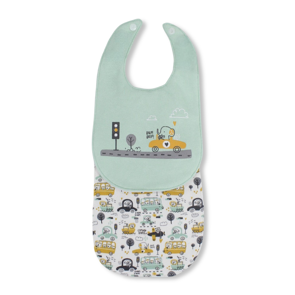 Cotton Baby Bibs – Mint & Off-White with Vehicles Design (Pack of 2)