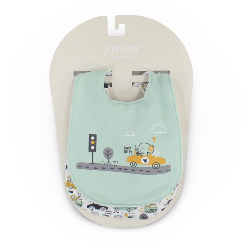 Cotton Baby Bibs – Mint & Off-White with Vehicles Design (Pack of 2)