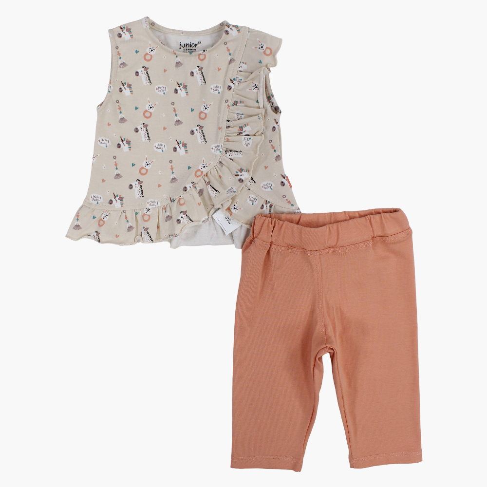 Baby Girls Cotton Pajama Set – Beige with Unicorn Print