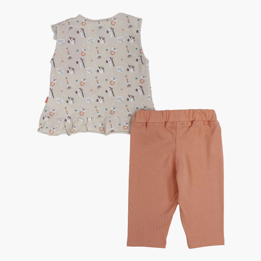 Baby Girls Cotton Pajama Set – Beige with Unicorn Print