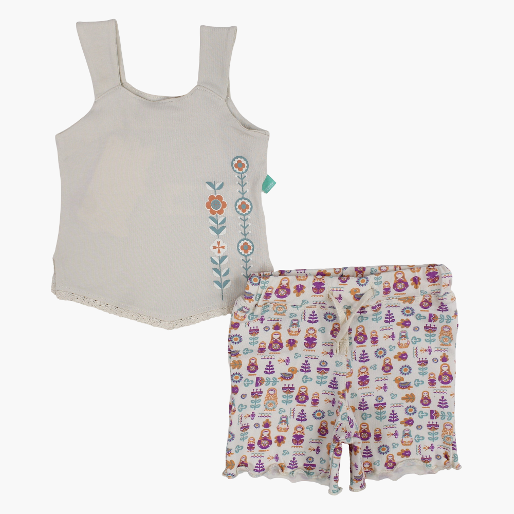 Baby Girls Cotton Pajama Set – Beige with Floral Print