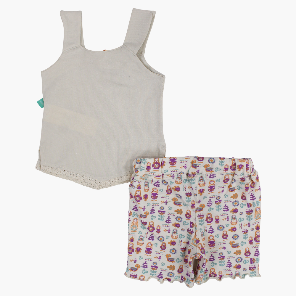Baby Girls Cotton Pajama Set – Beige with Floral Print